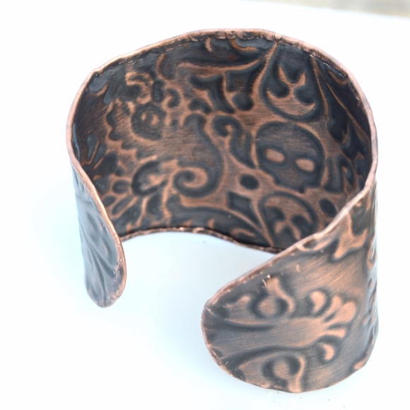 Embossed Skull Solid Copper Biker Cuff Bracelet Biker Bohemian Rustic Handmade - Picture 6 of 7